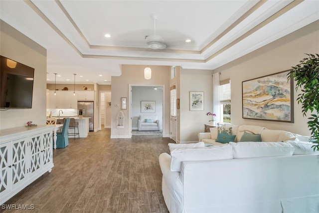 living room with ornamental molding, dark hardwood / wood-style floors, sink, and a tray ceiling