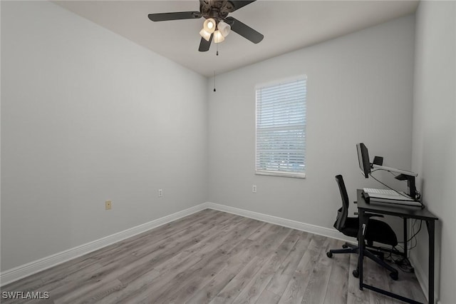 home office featuring ceiling fan and light wood-type flooring