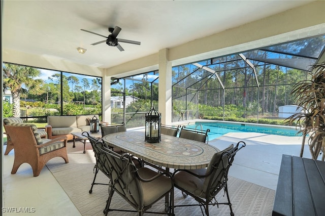 exterior space with ceiling fan