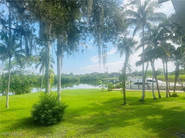 view of community with a water view and a yard