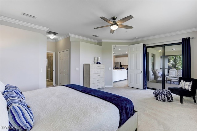 bedroom featuring ceiling fan, light colored carpet, ornamental molding, and stainless steel fridge