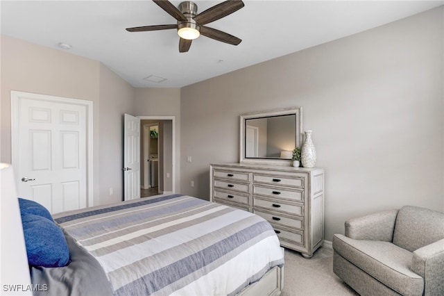 bedroom with light carpet and ceiling fan