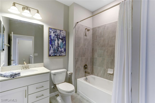 full bathroom featuring tile patterned flooring, vanity, shower / bath combination with curtain, and toilet