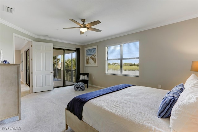 carpeted bedroom with access to outside, ornamental molding, and ceiling fan