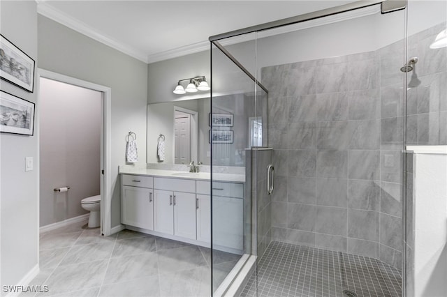 bathroom featuring crown molding, vanity, toilet, and walk in shower