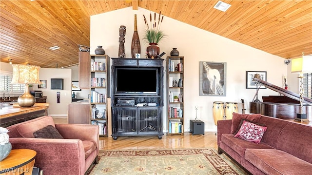 living room featuring wood ceiling, lofted ceiling, and light hardwood / wood-style flooring