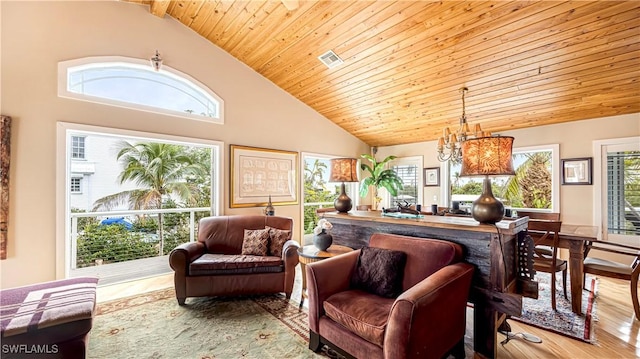 living room featuring high vaulted ceiling, hardwood / wood-style floors, wooden ceiling, and an inviting chandelier