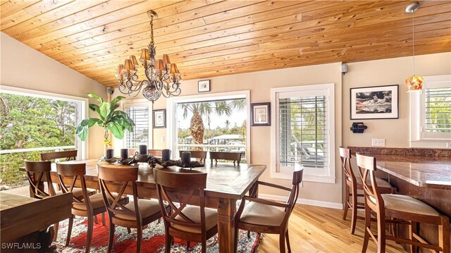 dining space featuring vaulted ceiling, wooden ceiling, light hardwood / wood-style floors, and plenty of natural light