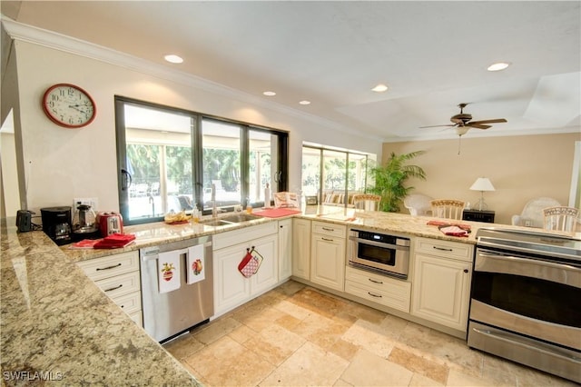 kitchen with sink, light stone counters, ornamental molding, appliances with stainless steel finishes, and ceiling fan