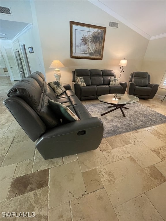 living room featuring crown molding and lofted ceiling