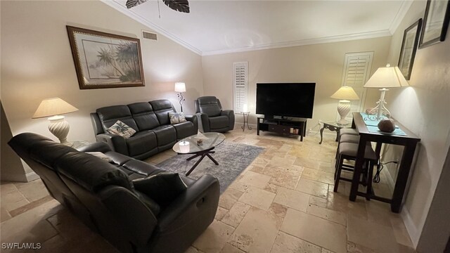 living room with ornamental molding and ceiling fan