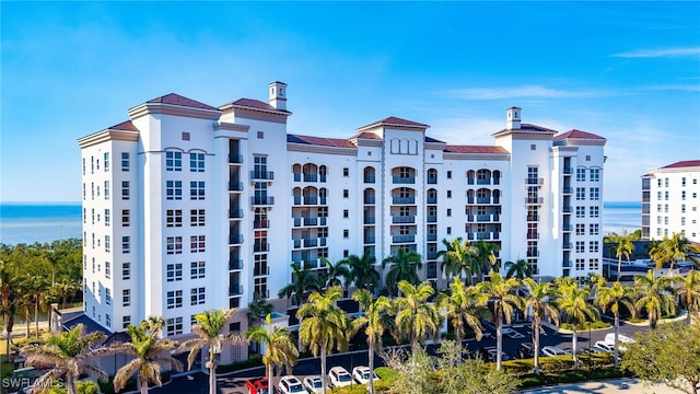 view of building exterior featuring a water view