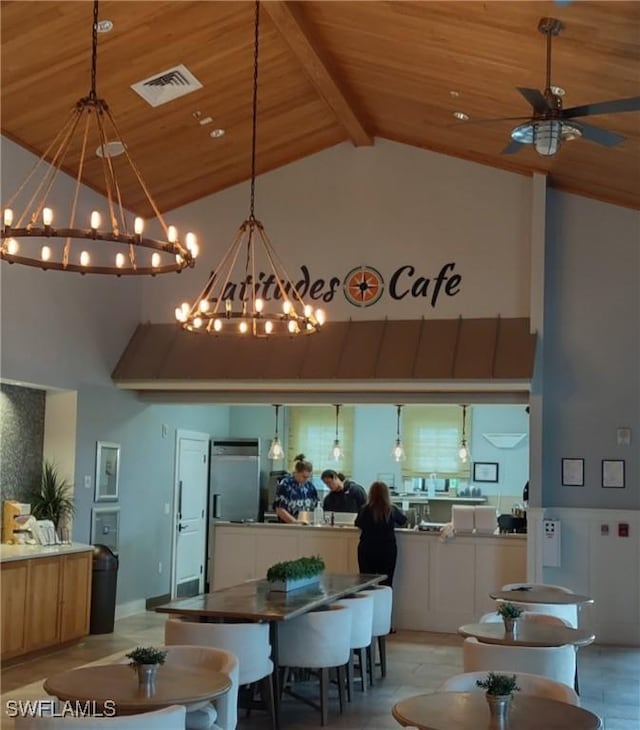 dining room featuring visible vents, high vaulted ceiling, beam ceiling, and wood ceiling