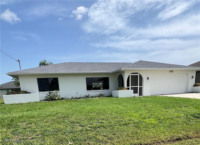 118 SW 13th St, Cape Coral, FL 33991 - ranch-style home featuring stucco siding, a front yard, a garage, and concrete driveway