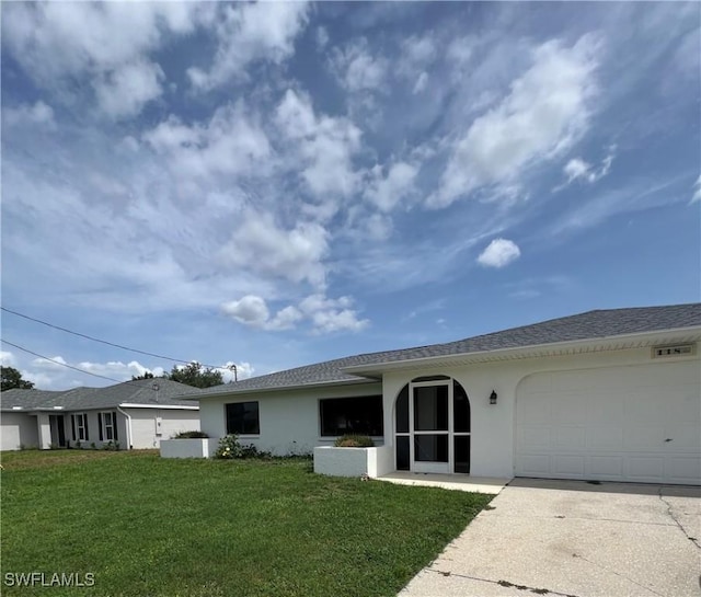 118 SW 13th St, Cape Coral, FL 33991 - ranch-style home featuring stucco siding, driveway, a garage, and a front lawn