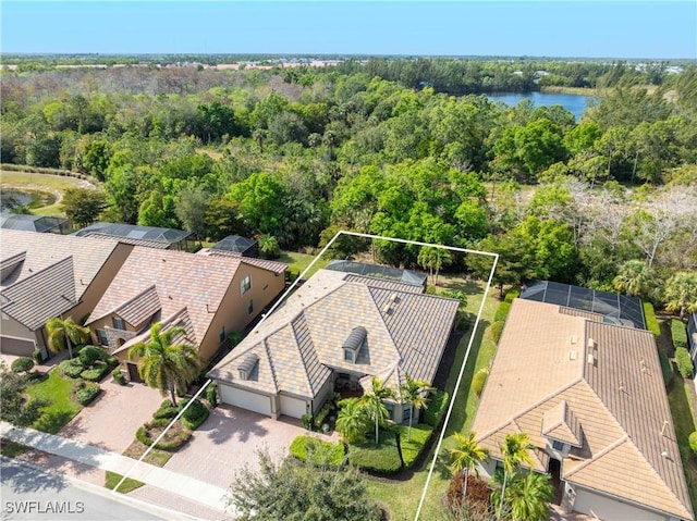 drone / aerial view featuring a water view