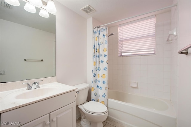 full bathroom featuring vanity, shower / tub combo, tile patterned floors, and toilet