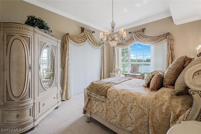 carpeted bedroom featuring crown molding, access to outside, and a chandelier