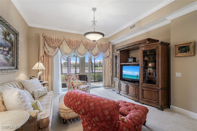 living room with ornamental molding and light carpet