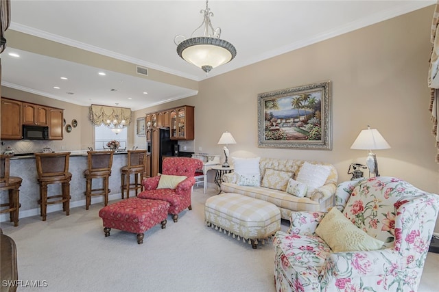 carpeted living room featuring crown molding