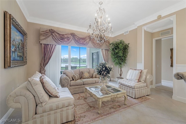 living room with crown molding, light tile patterned floors, and an inviting chandelier