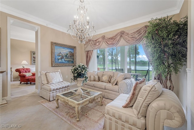 tiled living room with ornamental molding and a notable chandelier