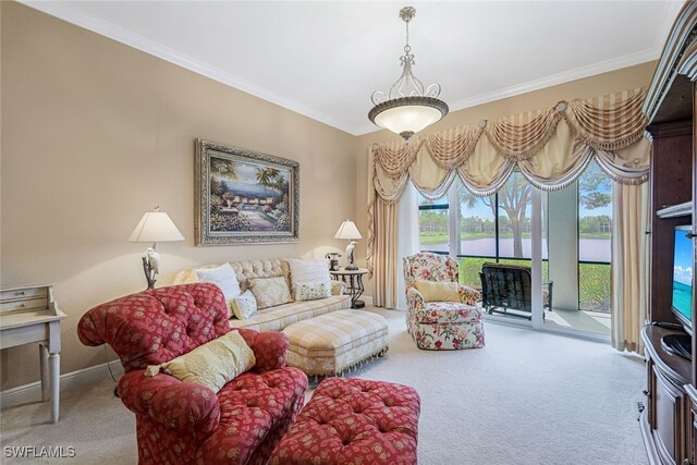 living room with ornamental molding and light carpet