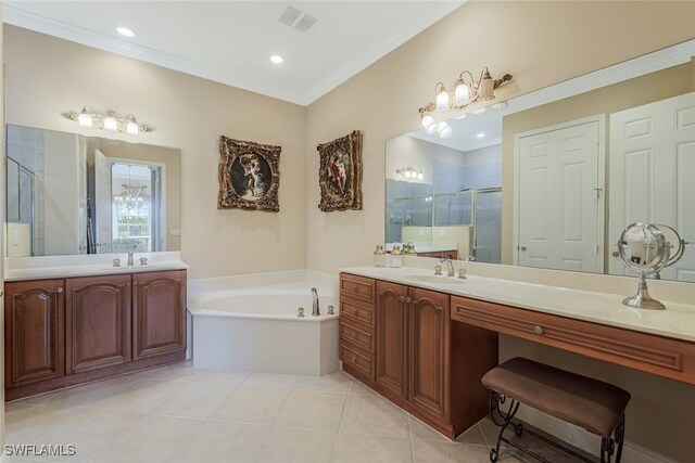 bathroom with vanity, separate shower and tub, ornamental molding, and tile patterned floors