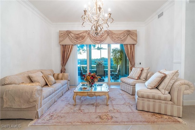 living room featuring tile patterned flooring, ornamental molding, and a chandelier