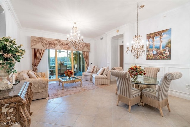 tiled dining room featuring crown molding and a chandelier