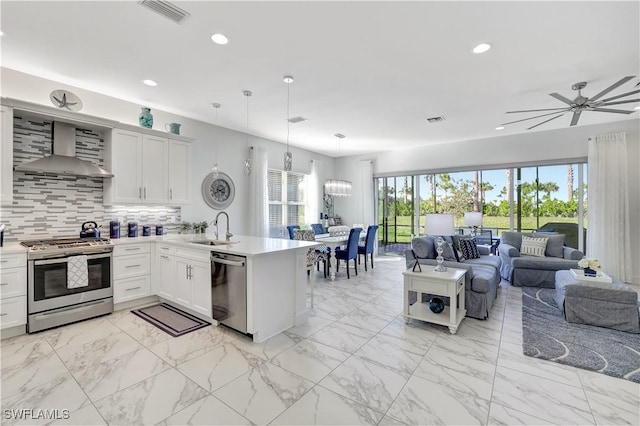 kitchen featuring wall chimney range hood, sink, appliances with stainless steel finishes, white cabinetry, and kitchen peninsula