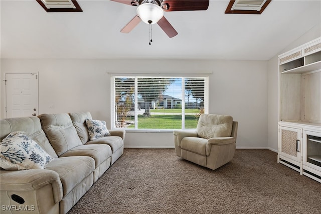 carpeted living room featuring ceiling fan