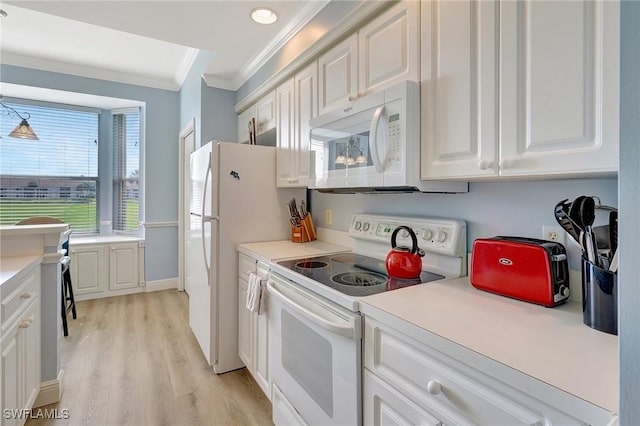 kitchen with white cabinetry, white appliances, crown molding, and light hardwood / wood-style floors