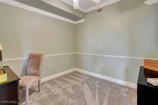 office featuring crown molding, light colored carpet, and ceiling fan