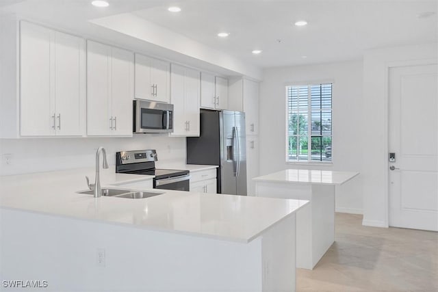 kitchen featuring sink, kitchen peninsula, a kitchen island, stainless steel appliances, and white cabinets