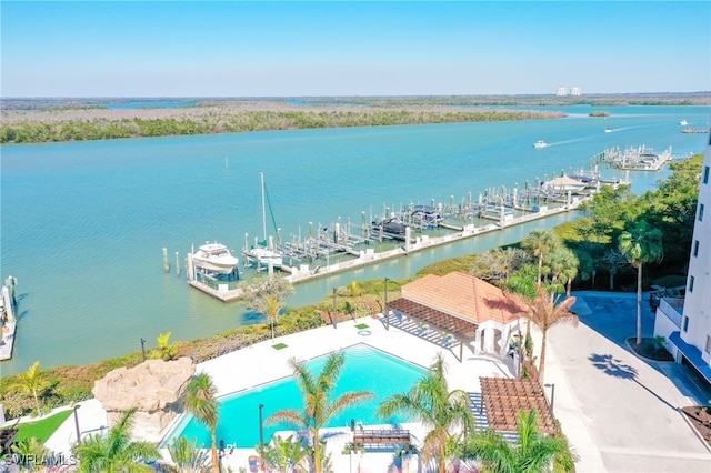 bird's eye view with a water view