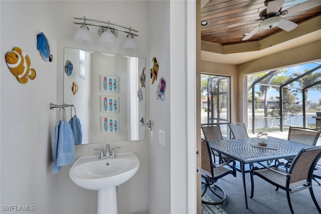 bathroom featuring sink, wood ceiling, ceiling fan, and a water view