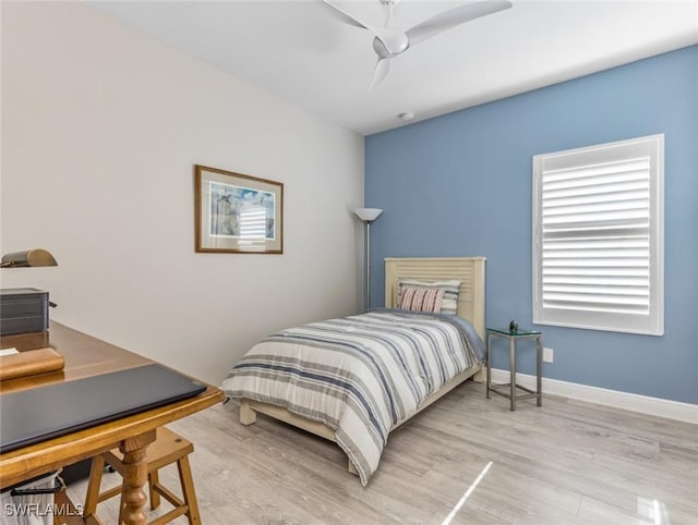 bedroom featuring ceiling fan and light hardwood / wood-style floors