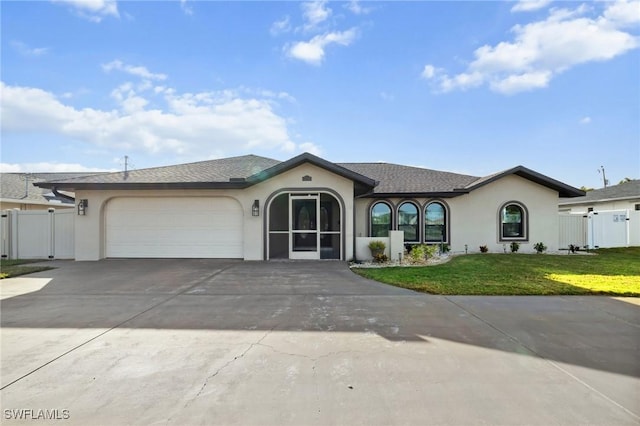 view of front facade with an attached garage, a shingled roof, driveway, stucco siding, and a front yard