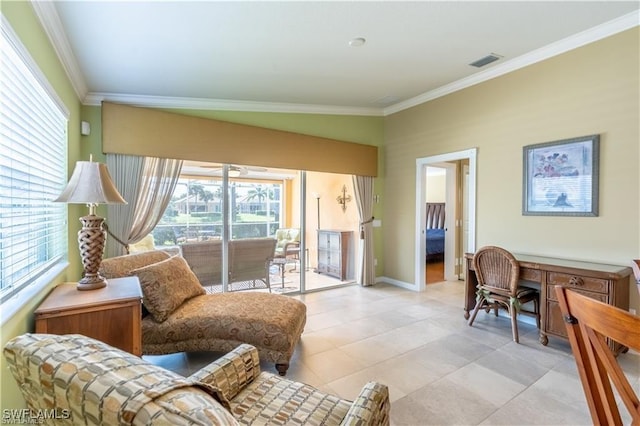 living room with crown molding and light tile patterned floors