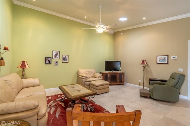 living room featuring light tile patterned floors, ornamental molding, and ceiling fan