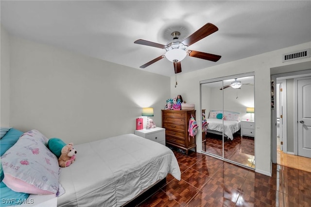 bedroom featuring ceiling fan and a closet