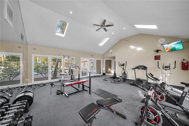 exercise room featuring high vaulted ceiling