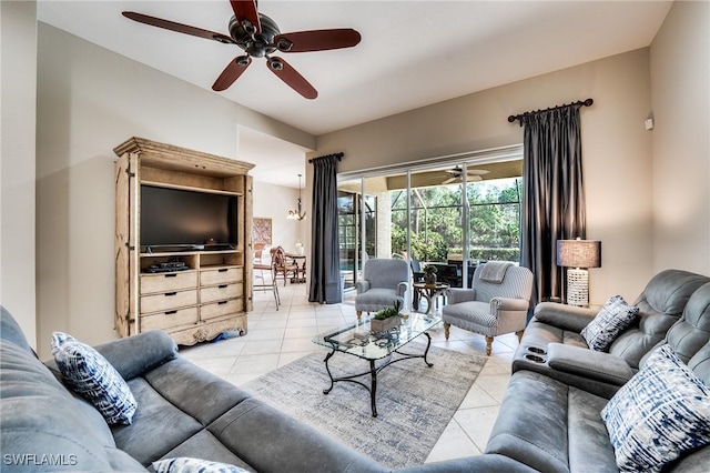 tiled living room featuring ceiling fan