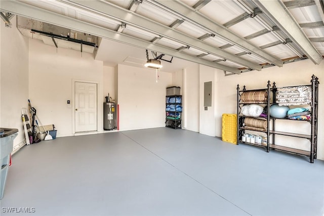 garage with electric panel and water heater