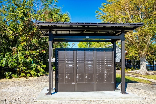 view of community featuring mail area and fence