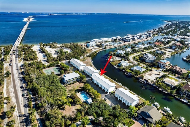 aerial view featuring a water view