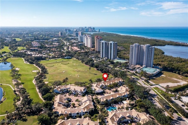 drone / aerial view with a water view