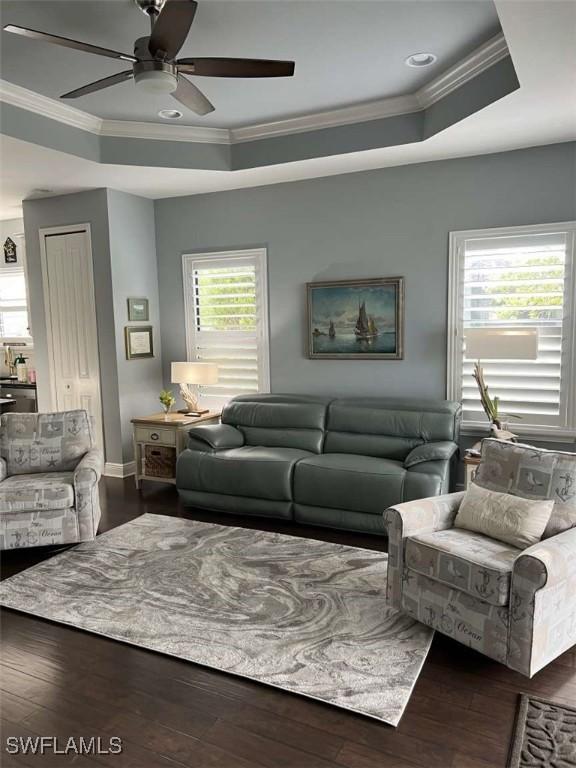 living room with ornamental molding, dark hardwood / wood-style floors, and a tray ceiling