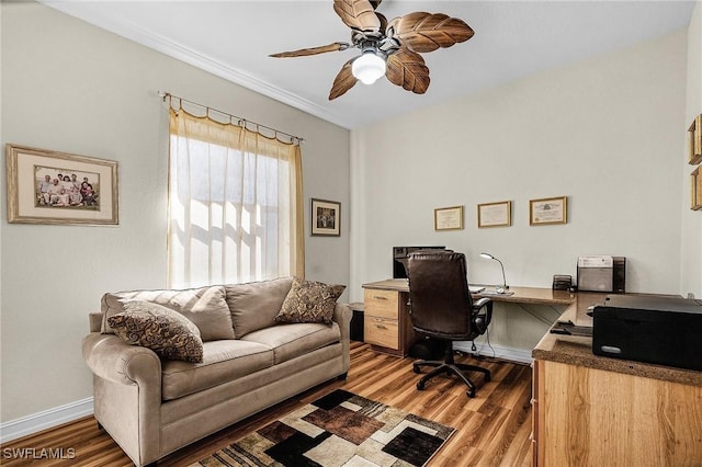 office featuring crown molding, wood-type flooring, and ceiling fan